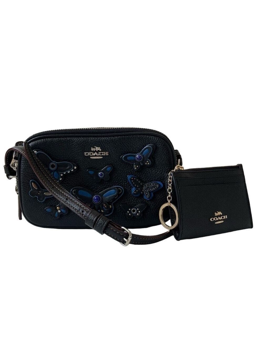 Coach Butterfly Applique Black Blue Butterfly Leather with cards, coins, id case